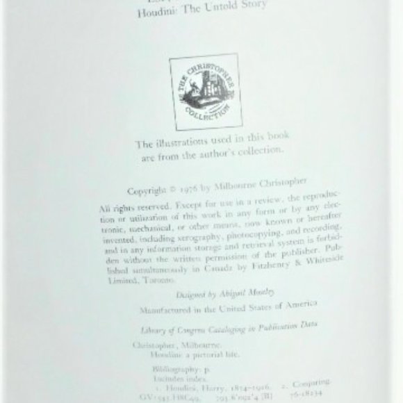 MC2 1976 1st Ed. HOUDINI A PICTORIAL Milbourne Christopher Magic Trick Book - Picture 3 of 9